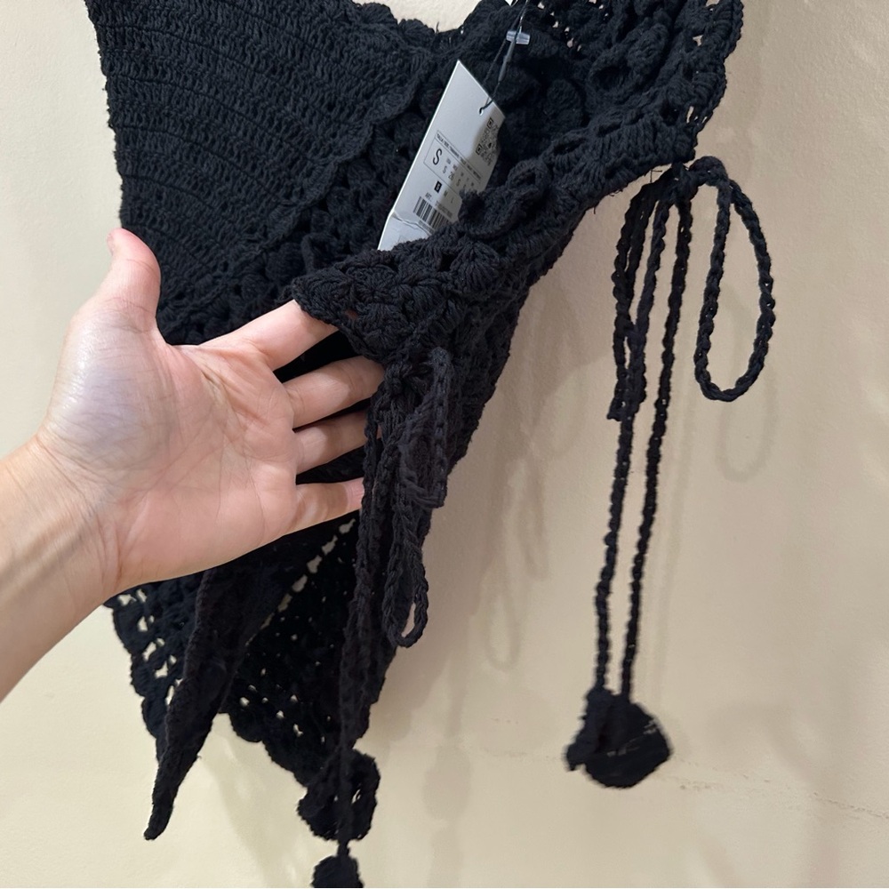 Zara Black Crochet Top Asymmetrical Scalloped Hem Side Tie Boho Festival Women S - Picture 4 of 8